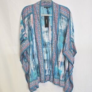Tolani Raelyn Tie Dye Kimono Shawl Wrap Blue Pink White Boho Flowy Beachy XL NEW